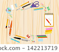 Flat vector composition of stationery arranged around central copy space on wooden board background, featuring education and business concepts. Decorative design for presentations and advertising 142213719