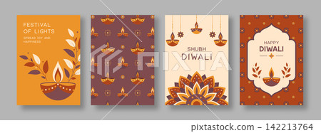 Happy Diwali Greeting Cards Set with Diya Lamp Happy Diwali Greeting Cards Set with Diya Lamp 142213764