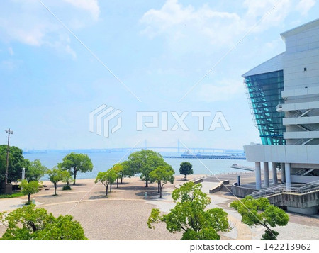 藍天下的港未來港口公園廣場及橫濱灣大橋景色（留白） 142213962