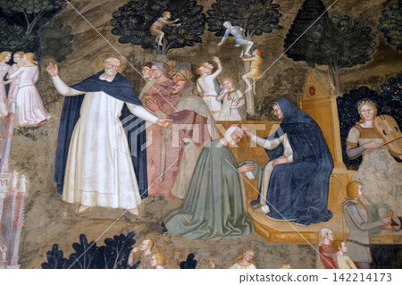 Saint Dominic showing the way to Heaven, detail of the Active and Triumphant Church, fresco by Andrea Di Bonaiuto, Spanish Chapel in Santa Maria Novella Principal Dominican church in Florence, Italy Saint Dominic showing the way to Heaven, detail of the Active and Triumphant Church, fresco by Andrea Di Bonaiuto, Spanish Chapel in Santa Maria Novella Principal Dominican church in Florence, Italy 142214173