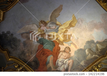 Abraham sacrifices Isaac, fresco in Church Santa Maria Maggiore in Florence, Tuscany, Italy 142214196