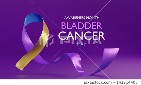 Yellow, purple and navy Ribbon. Bladder Cancer Awareness. Horizontal Web Banner, Design template for posters, banners and social networks, infographic. 3d render Yellow, purple and navy Ribbon. Bladder Cancer Awareness. Horizontal Web Banner, Design template for posters, banners and social networks, infographic. 3d render 142214403