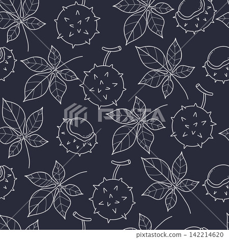 Autumn Chestnut Seamless Pattern. White Hand Drawn Tree Fruit and Leaves Whole, Open And Peeled Nuts In Spiky Husks on Black Background. Botanical Line Art Repeat Template. Vector Illustration Autumn Chestnut Seamless Pattern. White Hand Drawn Tree Fruit and Leaves Whole, Open And Peeled Nuts In Spiky Husks on Black Background. Botanical Line Art Repeat Template. Vector Illustration 142214620