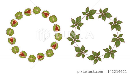 Autumn Chestnut Circle Wreath Frame Set. Botanical Leaves and Nuts In Spiky Green Husks. Round Blank Template for Postcard, Text Space and Harvest. Colored Hand Drawn Doodle. Vector Illustration Autumn Chestnut Circle Wreath Frame Set. Botanical Leaves and Nuts In Spiky Green Husks. Round Blank Template for Postcard, Text Space and Harvest. Colored Hand Drawn Doodle. Vector Illustration 142214621