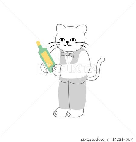 A white cat acting as a sommelier, holding a wine bottle. A white cat acting as a sommelier, holding a wine bottle. 142214797