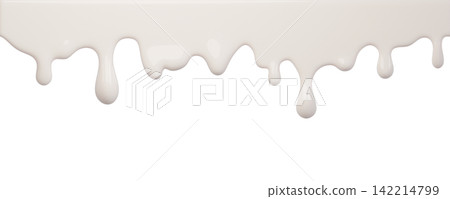 White ice cream and milk melt with glossy drips and smooth texture for dessert designs or summer graphics. Liquid flows down in curved streams for advertisements isolated on background. 3d render 142214799