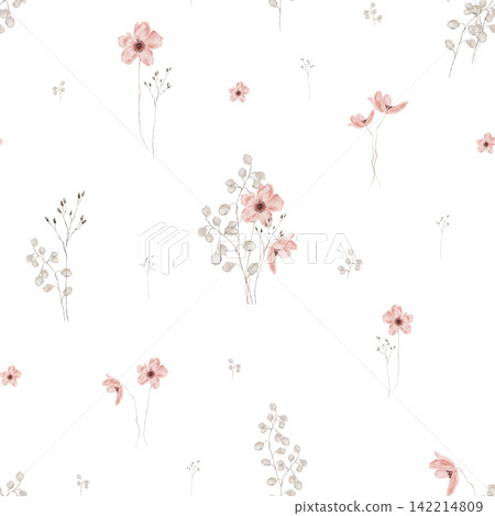 Hand-painted watercolor seamless pattern tile with dusty pink anemone flowers, silver dollar eucalyptus seed pods and thin wire-like stems on white background, repeating continuous design. Hand-painted watercolor seamless pattern tile with dusty pink anemone flowers, silver dollar eucalyptus seed pods and thin wire-like stems on white background, repeating continuous design. 142214809