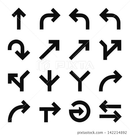 This image is a set of flat black arrow icons 142214892
