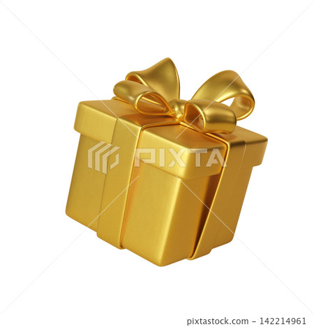 3D Gold Gift Box with Bow and ribbon. Floating Present for Holiday, Birthday, Weddings, Valentine's day or Christmas. 3D render isolated on transparent background 3D Gold Gift Box with Bow and ribbon. Floating Present for Holiday, Birthday, Weddings, Valentine's day or Christmas. 3D render isolated on transparent background 142214961