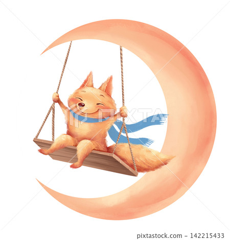 Hand-drawn cute fox blue scarf on crescent moon swing illustration Hand-drawn cute fox blue scarf on crescent moon swing illustration 142215433