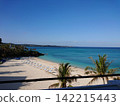 A sandy beach in a tropical resort with a clear blue sky and blue sea. 142215443