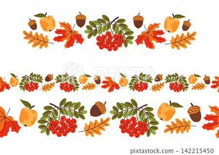 Autumn seamless border patterns set featuring bright rowan berries, maple leaves, oak leaves, acorns, and apples in a flat vector style isolated on a white background. Autumn seamless border patterns set featuring bright rowan berries, maple leaves, oak leaves, acorns, and apples in a flat vector style isolated on a white background. 142215450