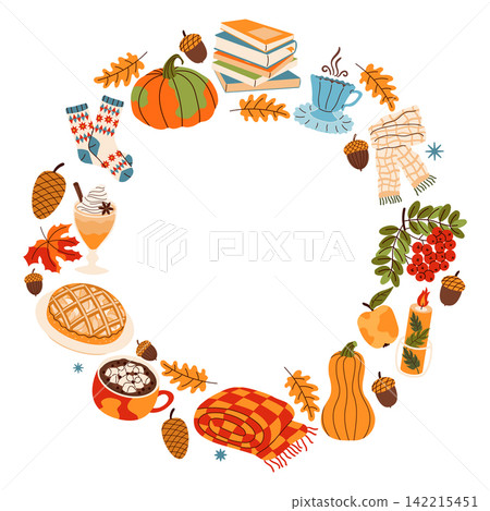 Cozy autumn round frame vector illustration featuring pumpkins, warm drinks, a pie, books, candles, rowan berries, colorful leaves, and seasonal winter clothes isolated on a white background. Cozy autumn round frame vector illustration featuring pumpkins, warm drinks, a pie, books, candles, rowan berries, colorful leaves, and seasonal winter clothes isolated on a white background. 142215451