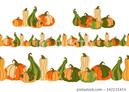 Autumn seamless pumpkin border patterns set featuring various types, shapes, and colors of squashes and gourds in a flat vector style isolated on a white background. Autumn seamless pumpkin border patterns set featuring various types, shapes, and colors of squashes and gourds in a flat vector style isolated on a white background. 142215453
