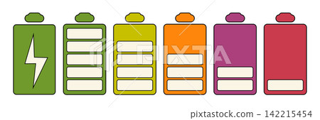 Battery charge level indicator icons set featuring six vertical batteries showing full to empty energy status with a charging lightning bolt symbol in flat vector style isolated on white. Battery charge level indicator icons set featuring six vertical batteries showing full to empty energy status with a charging lightning bolt symbol in flat vector style isolated on white. 142215454