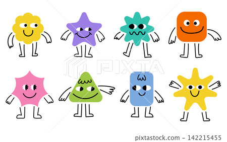 Cute geometric shapes cartoon characters set featuring funny abstract figures with faces, hands, and legs in a colorful flat doodle vector style isolated on a white background. Cute geometric shapes cartoon characters set featuring funny abstract figures with faces, hands, and legs in a colorful flat doodle vector style isolated on a white background. 142215455