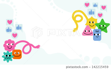 Social media background banner vector illustration featuring cute geometric characters with likes and hearts on the sides, leaving a large empty copy space in the center. 142215459