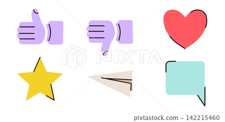Minimalist vector icon set featuring a purple thumbs up, thumbs down, red heart, yellow star, beige paper plane, and blue speech bubble with abstract offset black outline details. 142215460
