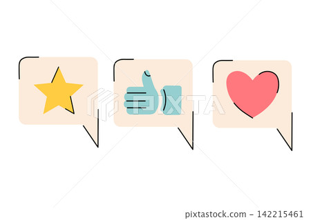 Vector feedback icon set containing a yellow star, blue thumbs up, and red heart inside beige speech bubbles with abstract offset black outlines isolated on a white background. Vector feedback icon set containing a yellow star, blue thumbs up, and red heart inside beige speech bubbles with abstract offset black outlines isolated on a white background. 142215461