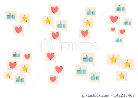 Collection of social media feedback icons showcasing various arrangements of yellow stars, blue thumbs up, and red hearts inside beige speech bubbles with minimal black outlines. 142215462