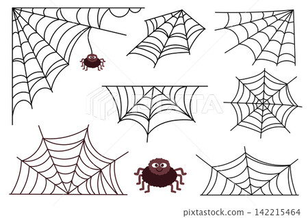 Halloween spider web icons set featuring cute cartoon spiders hanging and various black cobweb shapes for corners and edges in flat vector style isolated on a white background. Halloween spider web icons set featuring cute cartoon spiders hanging and various black cobweb shapes for corners and edges in flat vector style isolated on a white background. 142215464
