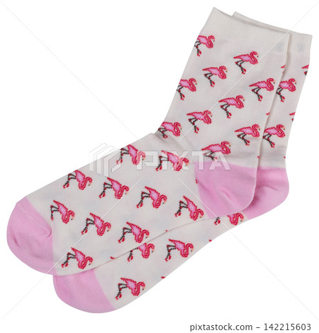 Pair of white cotton socks with pink flamingo pattern isolated on white background. Casual pink heel and toe hosiery Pair of white cotton socks with pink flamingo pattern isolated on white background. Casual pink heel and toe hosiery 142215603