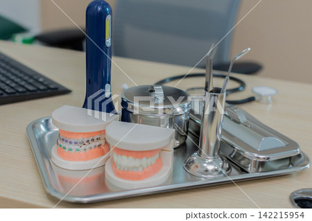A Dentist holds denture model mouth mirror for teaches elderly woman how to take care of her oral health. A Dentist holds denture model mouth mirror for teaches elderly woman how to take care of her oral health. 142215954