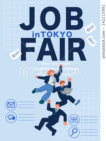 "JOB FAIR in TOKYO" poster illustration: Three business people jumping "JOB FAIR in TOKYO" poster illustration: Three business people jumping 142215991