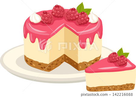 Creamy raspberry cheesecake with pink glaze, berry topping and biscuit crust, shown with a sliced Creamy raspberry cheesecake with pink glaze, berry topping and biscuit crust, shown with a sliced 142216088