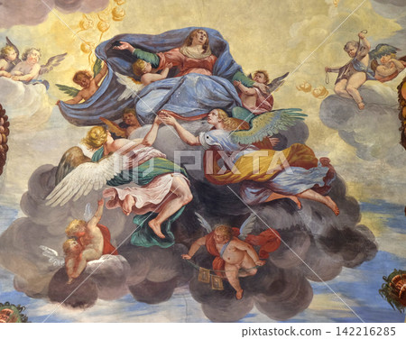 Assumption of the Virgin Mary, fresco of the vault of Marco Antonio Pozzi in the Saint Roch church in Lugano, Switzerland Assumption of the Virgin Mary, fresco of the vault of Marco Antonio Pozzi in the Saint Roch church in Lugano, Switzerland 142216285