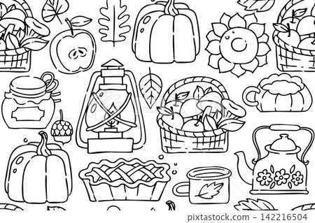 Cozy autumn pattern. Cute doodle print in a cartoon style. coloring book Cozy autumn pattern. Cute doodle print in a cartoon style. coloring book 142216504
