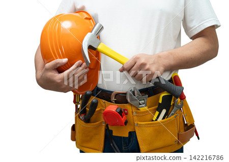 Male builder worker with tool belt pocket at waist. Male builder worker with tool belt pocket at waist. 142216786