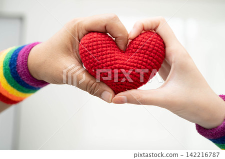 Asian LGBT couple woman holding hand wearing rainbow wristband with red heart. Asian LGBT couple woman holding hand wearing rainbow wristband with red heart. 142216787