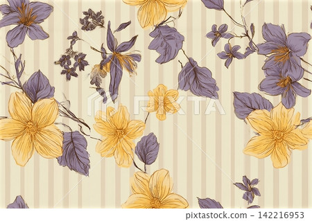 Seamless pattern with yellow and purple flowers, hand-drawn style on a beige striped background. Concept of elegance, nature, and botanical design. Vector illustration 142216953
