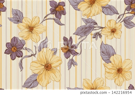 Seamless pattern with yellow and purple flowers, hand-drawn style on a beige striped background. Concept of elegance, nature, and botanical design. Vector illustration Seamless pattern with yellow and purple flowers, hand-drawn style on a beige striped background. Concept of elegance, nature, and botanical design. Vector illustration 142216954