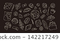 Hand drawn bakery and breakfast doodle set on dark background vector chalk illustration 142217249