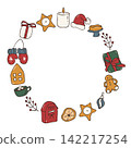 Hand drawn colorful Christmas wreath frame template vector doodle illustration 142217254
