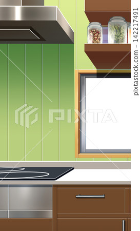 Kitchen with a vertical screen Kitchen with a vertical screen 142217491