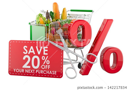 Grocery shopping cart with discount coupon, supermarket savings and sale concept. 3D rendering Grocery shopping cart with discount coupon, supermarket savings and sale concept. 3D rendering 142217834
