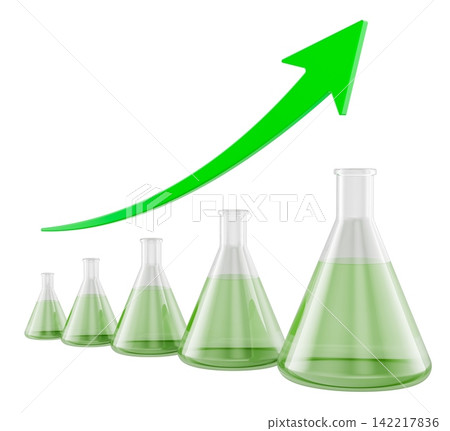 Laboratory flasks with upward arrow, science growth and biotech progress. 3D rendering Laboratory flasks with upward arrow, science growth and biotech progress. 3D rendering 142217836