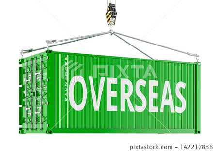 Overseas Freight concept with shipping container lifted by crane. 3D rendering Overseas Freight concept with shipping container lifted by crane. 3D rendering 142217838