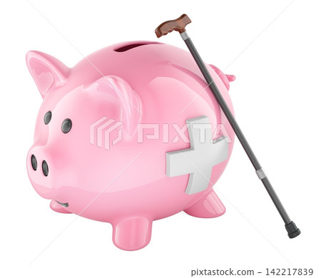 Piggy bank with medical cross and cane, healthcare savings for seniors concept. 3D rendering Piggy bank with medical cross and cane, healthcare savings for seniors concept. 3D rendering 142217839