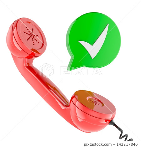 Red telephone handset with green check mark. Successful phone call, confirmed connection, customer support. 3D rendering Red telephone handset with green check mark. Successful phone call, confirmed connection, customer support. 3D rendering 142217840