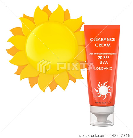Sunscreen cream tube with sun, SPF 20 skin protection concept. 3D rendering Sunscreen cream tube with sun, SPF 20 skin protection concept. 3D rendering 142217846