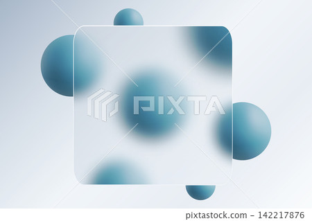 Square glass morphism style frame with blue 3D spheres on a light background. Eps 10 142217876