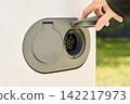 An electric vehicle's charging port with the connector cover open. 142217973