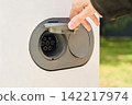 A close-up of an electric vehicle charging port with the protective cover open and a hand preparing the connector for charging. 142217974