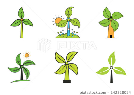 Wind turbine logo vetor made with leaves. Technology and ecology concept Wind turbine logo vetor made with leaves. Technology and ecology concept 142218034
