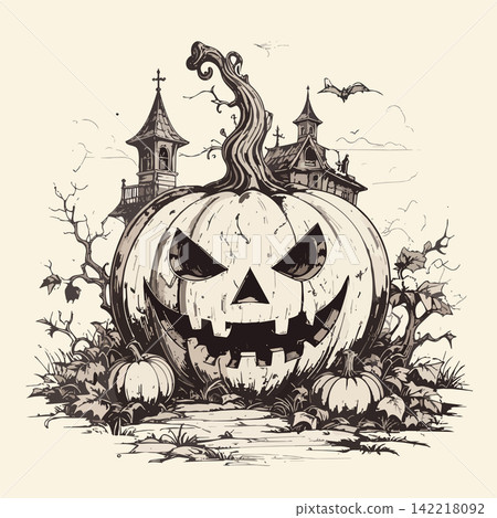 Jack-o'-lantern creating spooky halloween scene 142218092