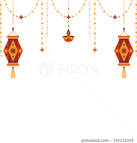 Vector hanging Indian decorations with kandil lanterns, oil diya lamps, and bead garlands for Happy Diwali festival. Isolated borders and elements on white background for banner or card design. 142218105